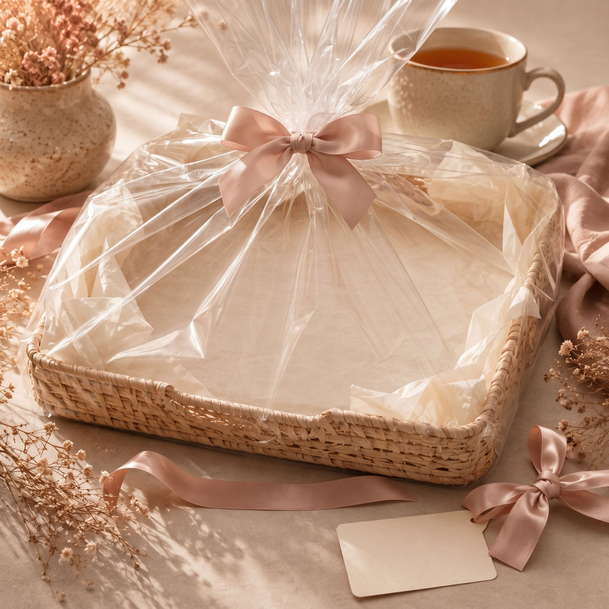 Rieten cadeaumand verpakt in transparante folie met een roze lint, naast een kop thee, droogbloemen en een persoonlijk kaartje