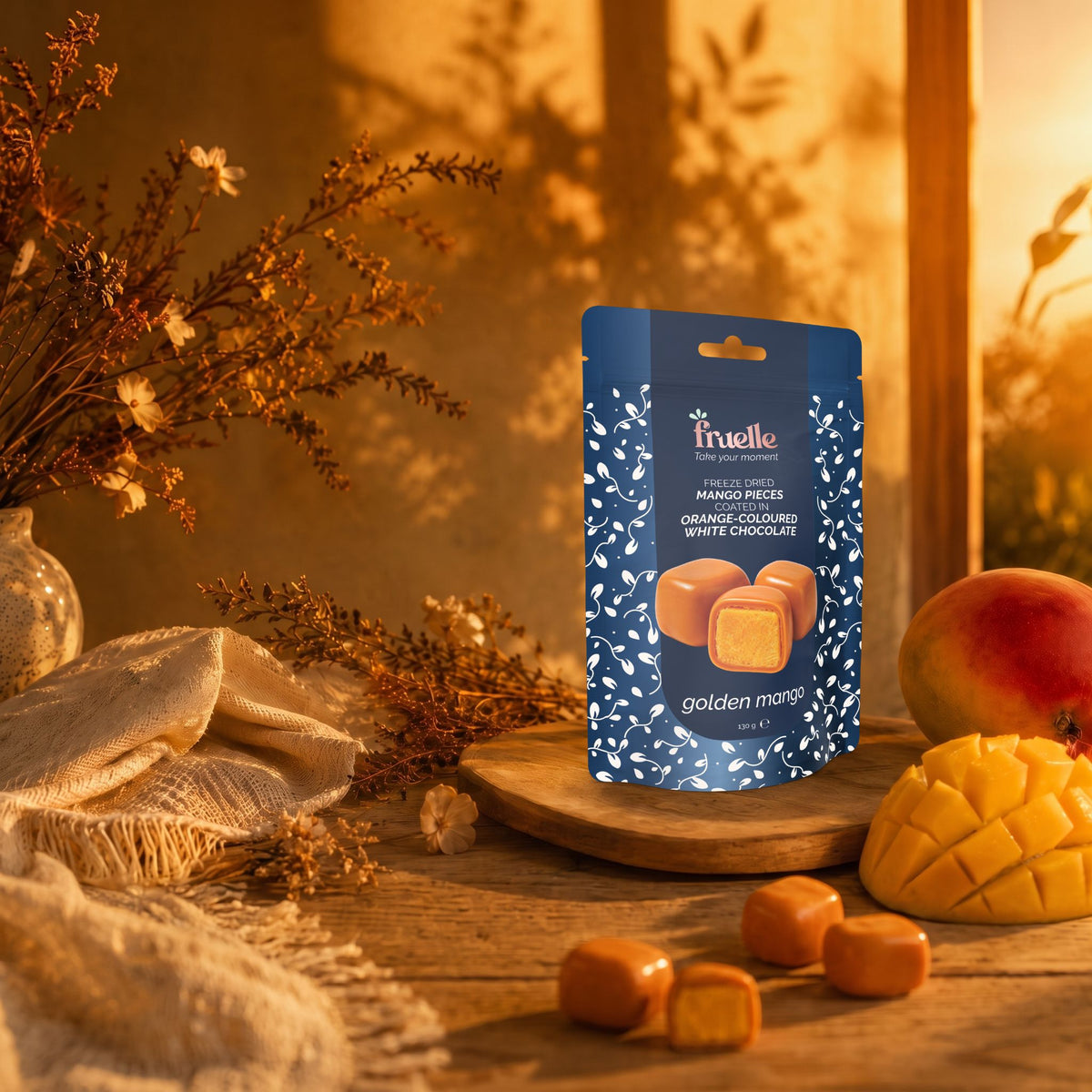 Fruelle Golden Mango met gevriesdroogde mangostukjes omhuld met oranje witte chocolade, naast verse mango in warm golden hour licht