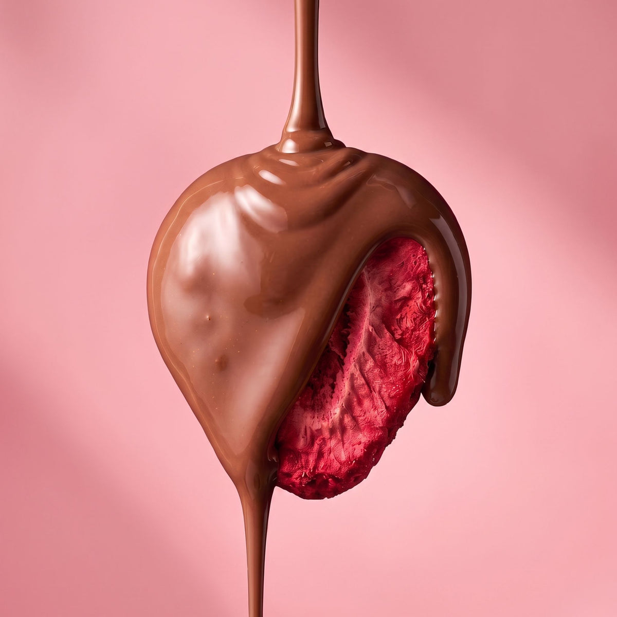 Close-up van een gevriesdroogde aardbei met druipende melkchocolade