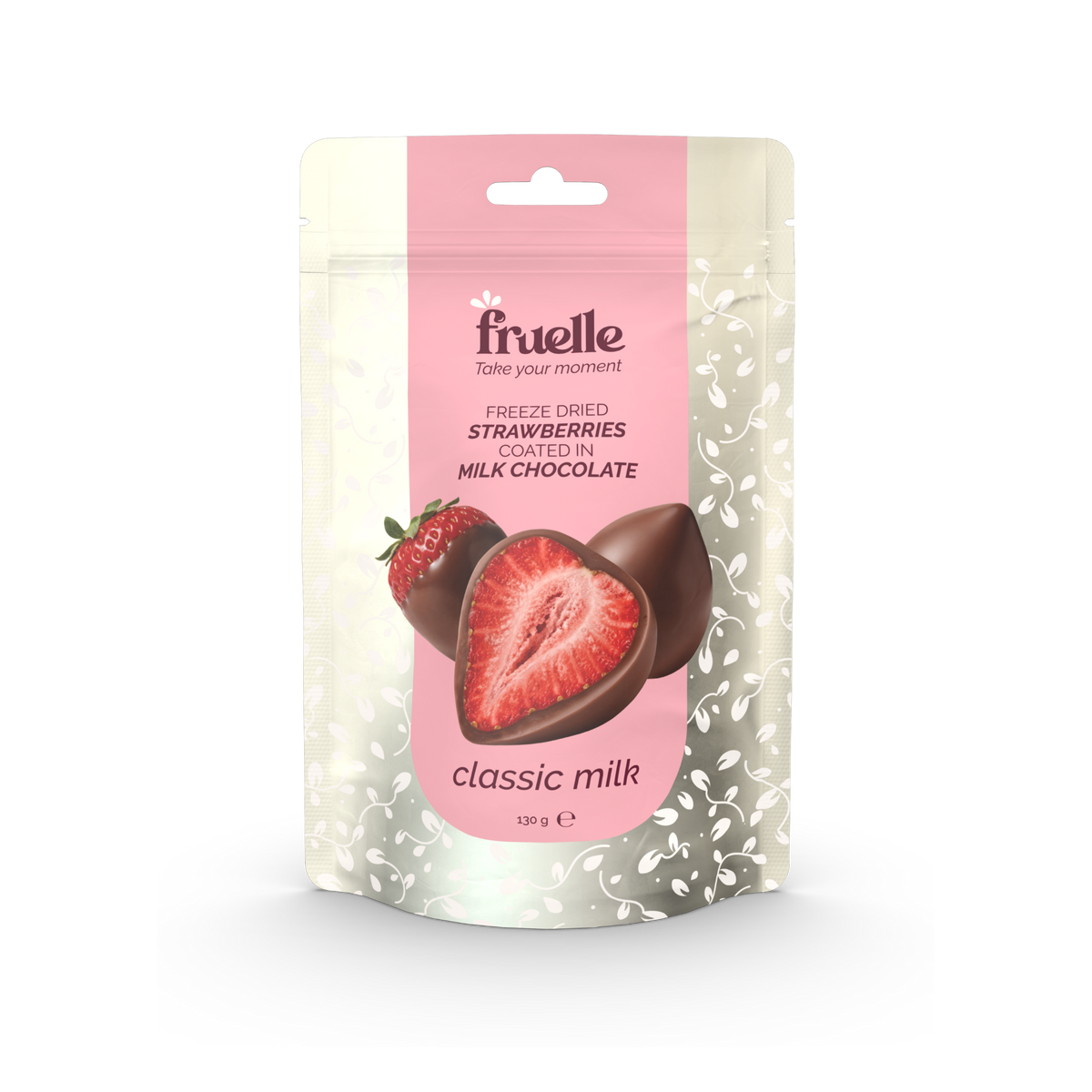 Fruelle Classic Milk verpakking met gevriesdroogde aardbeien omhuld met melkchocolade