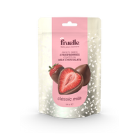 Fruelle Classic Milk verpakking met gevriesdroogde aardbeien omhuld met melkchocolade