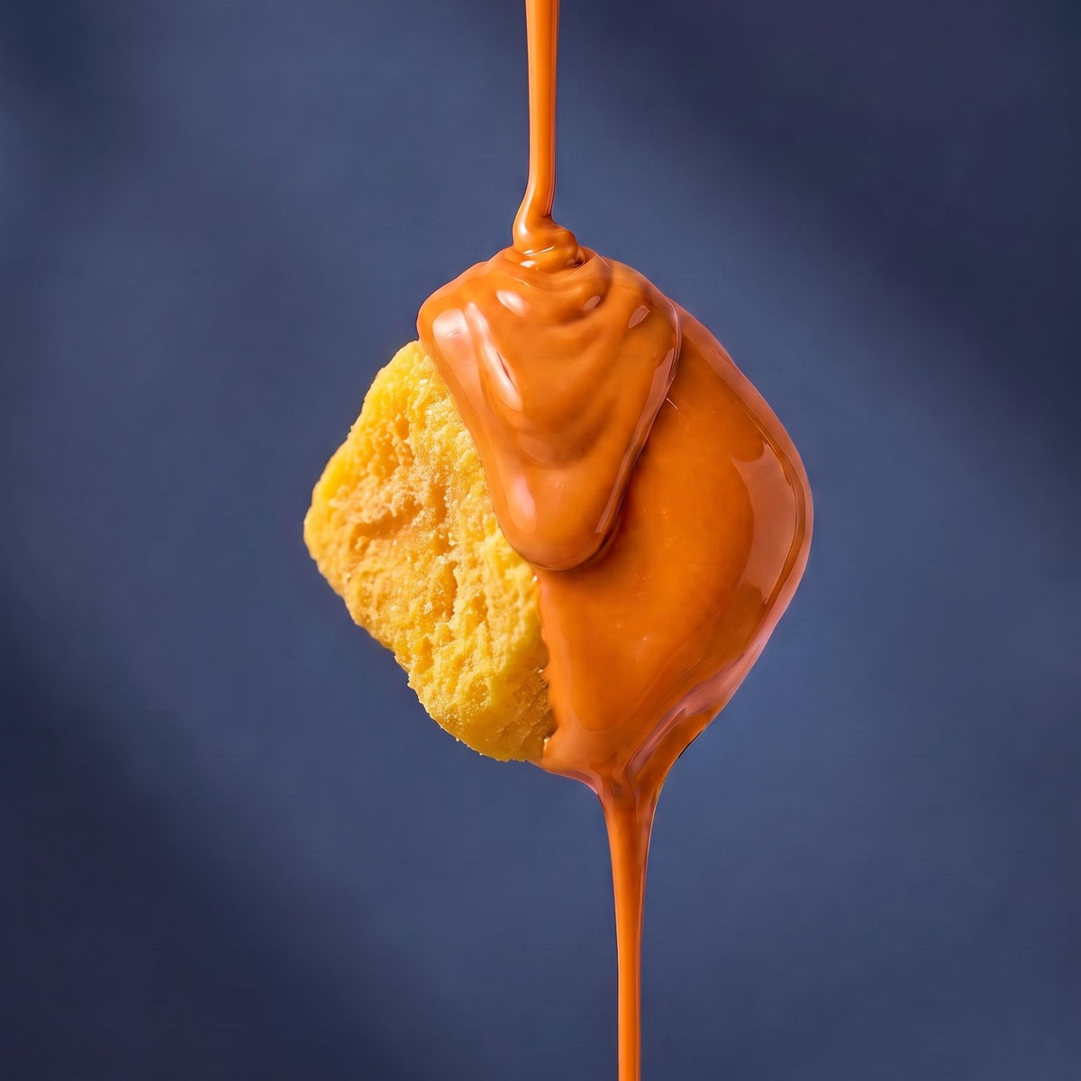 Close-up van een gevriesdroogd mangostukje met druipende oranje witte chocolade
