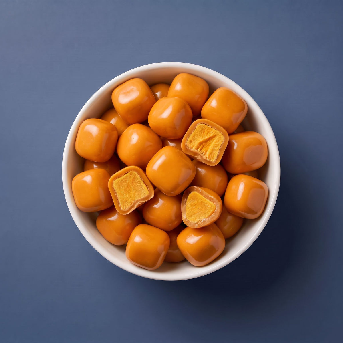 Schaal met Fruelle Golden Mango: gevriesdroogde mangostukjes omhuld met oranje witte chocolade, waarvan enkele zijn doorgesneden