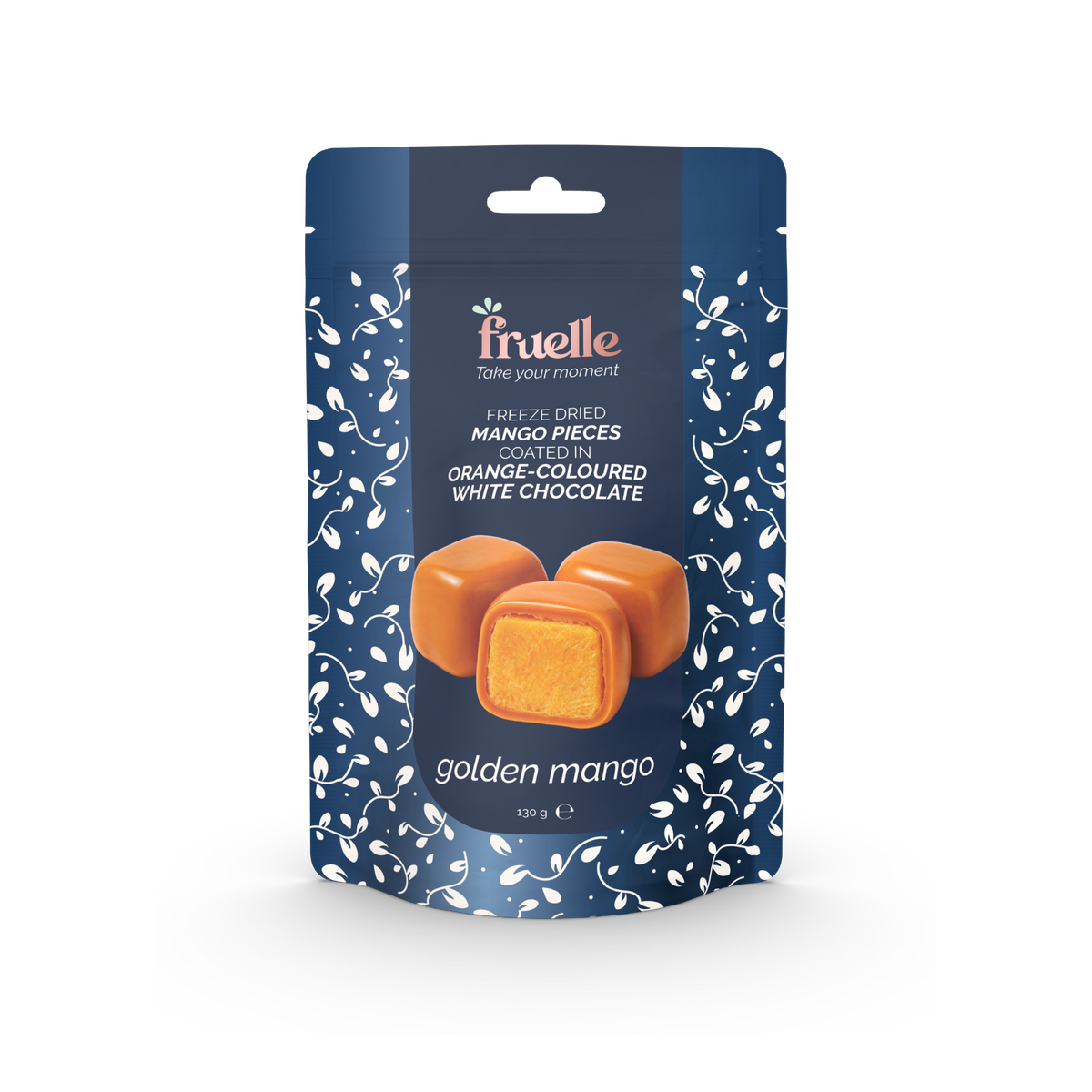 Fruelle Golden Mango verpakking met gevriesdroogde mangostukjes omhuld met oranje witte chocolade