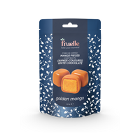 Fruelle Golden Mango verpakking met gevriesdroogde mangostukjes omhuld met oranje witte chocolade