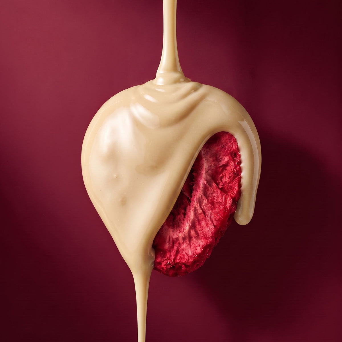 Close-up van een gevriesdroogde aardbei met druipende witte chocolade
