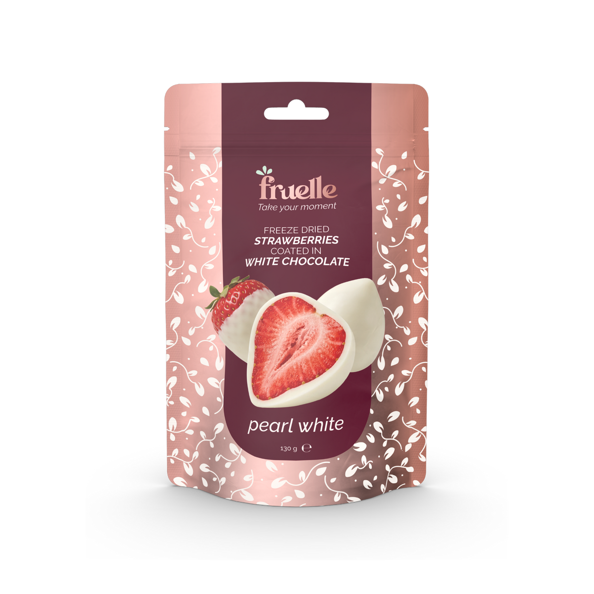 Fruelle Pearl White verpakking met gevriesdroogde aardbeien omhuld met witte chocolade