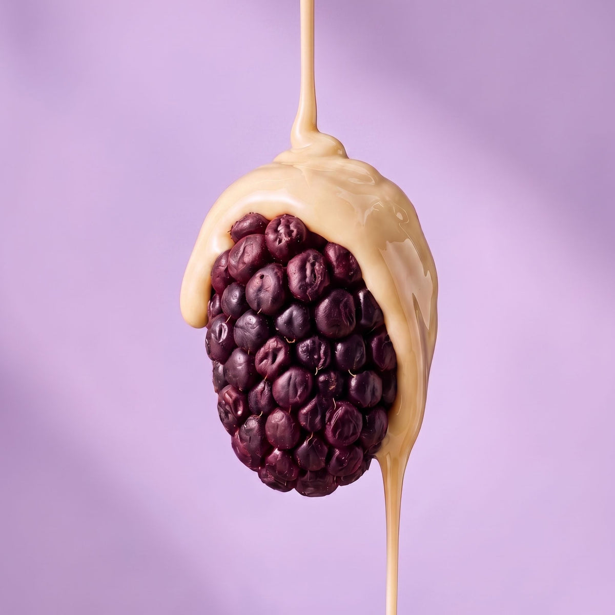 Close-up van een gevriesdroogde braam met druipende witte chocolade