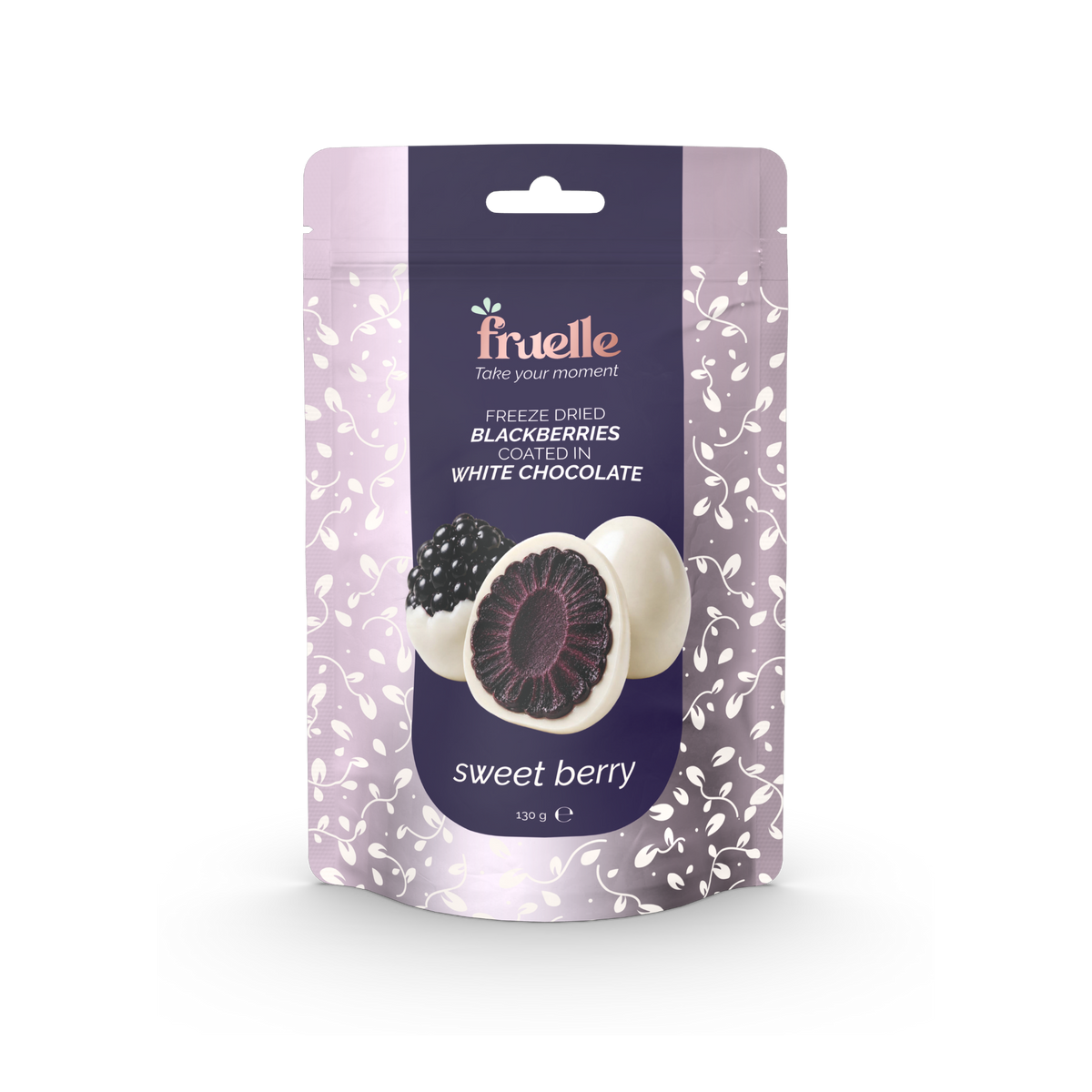 Fruelle Sweet Berry verpakking met gevriesdroogde bramen omhuld met witte chocolade