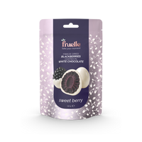 Fruelle Sweet Berry verpakking met gevriesdroogde bramen omhuld met witte chocolade