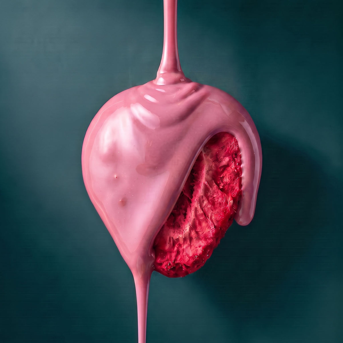 Close-up van een gevriesdroogde aardbei met druipende roze witte chocolade