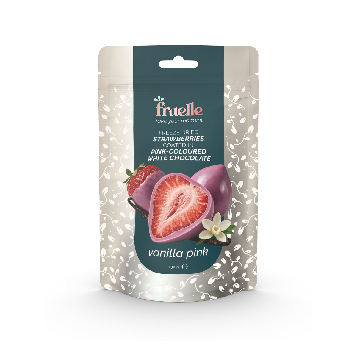 Fruelle Vanilla Pink verpakking met gevriesdroogde aardbeien omhuld met roze witte chocolade